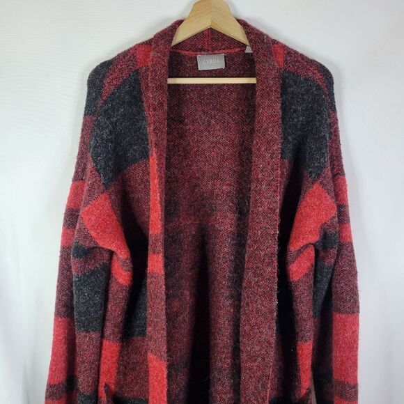 Cyrus Plaid Red and Black Long Duster Cardigan - Picture 2 of 12